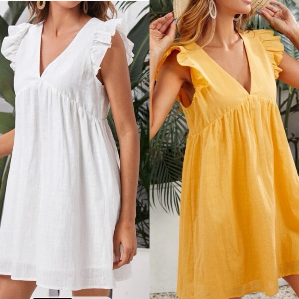 SHEIN TWO bundle of 2 yellow and white ruffle armhole lined dresses XS coverup